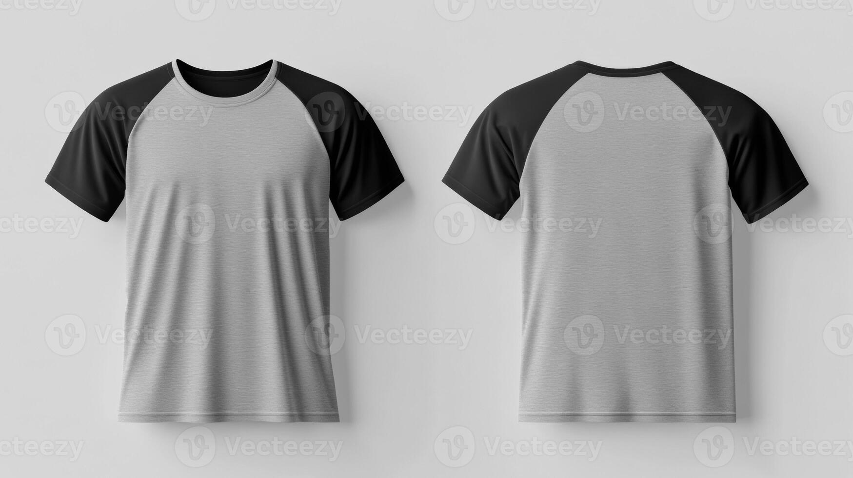 Mockup of a gray short-sleeved t-shirt with blank black sleeves photo