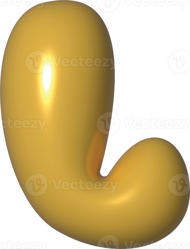 Golden Yellow 3D Metallic Alphabet L Bubble Balloon 3D Render Illustration png