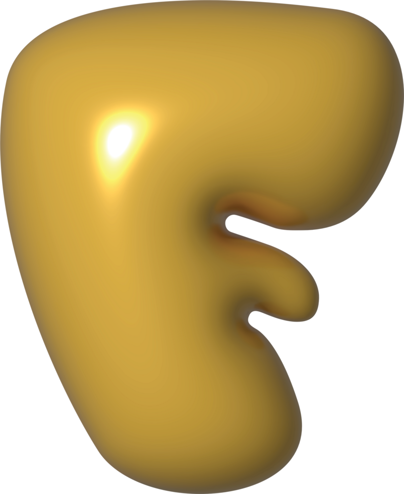 Golden Yellow 3D Metallic Alphabet F Bubble Balloon 3D Render Illustration png