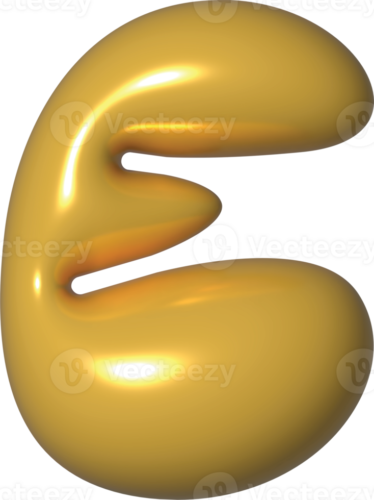 Golden Yellow 3D Metallic Alphabet E Bubble Balloon 3D Render Illustration png