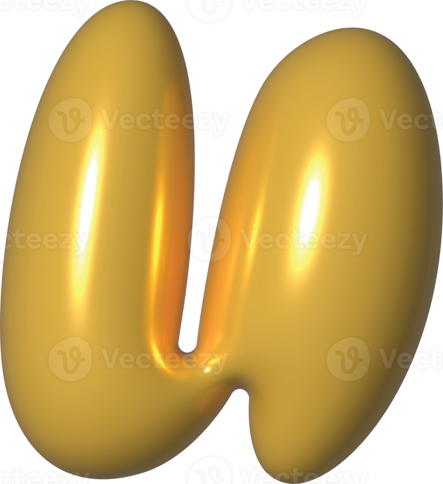 Golden Yellow 3D Metallic Alphabet U Bubble Balloon 3D Render Illustration png