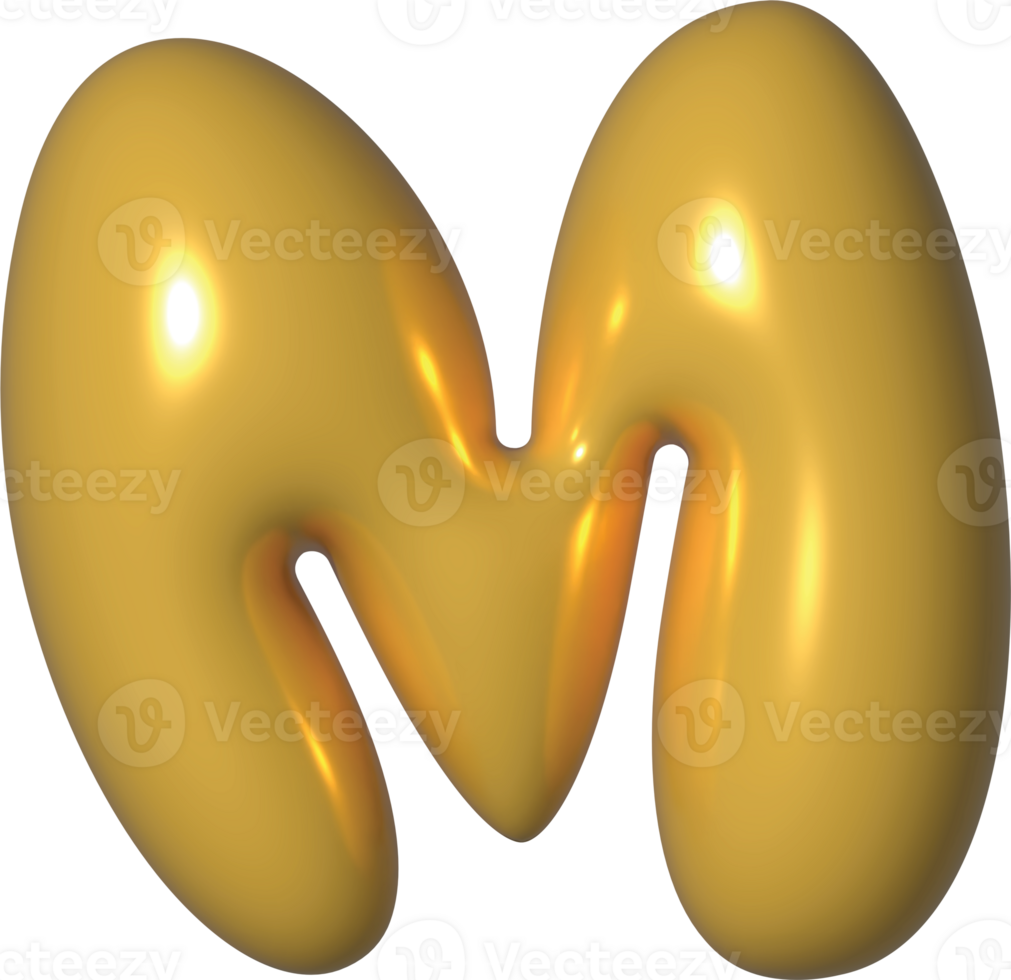 Golden Yellow 3D Metallic Alphabet M Bubble Balloon 3D Render Illustration png