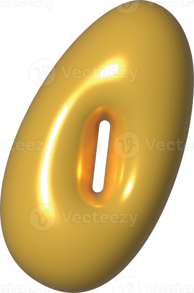 Golden Yellow 3D Metallic Alphabet O 0 Bubble Balloon 3D Render Illustration png