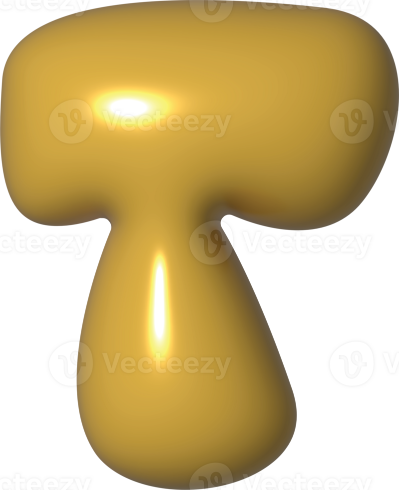 Golden Yellow 3D Metallic Alphabet T Bubble Balloon 3D Render Illustration png