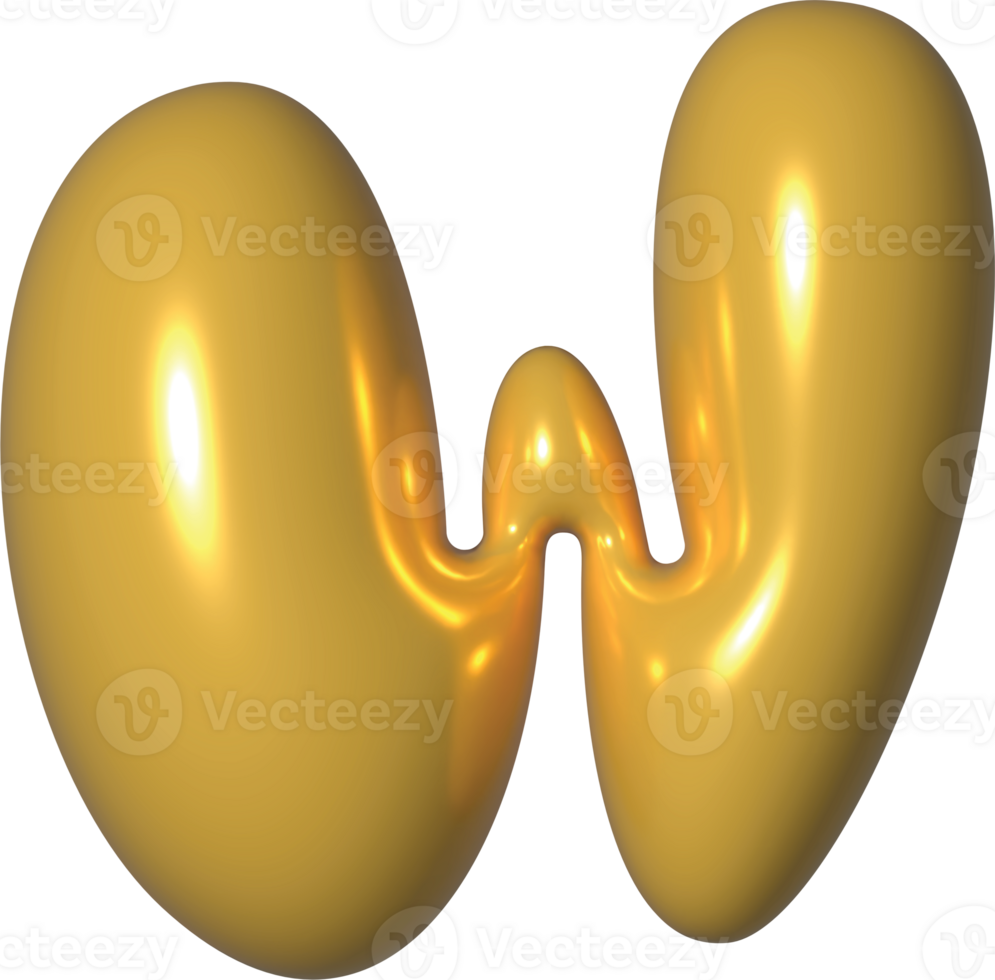 Golden Yellow 3D Metallic Alphabet W Bubble Balloon 3D Render Illustration png