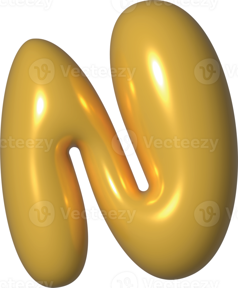 Golden Yellow 3D Metallic Alphabet N Bubble Balloon 3D Render Illustration png