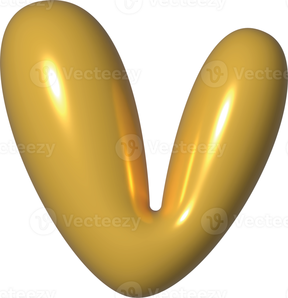 Golden Yellow 3D Metallic Alphabet V Bubble Balloon 3D Render Illustration png