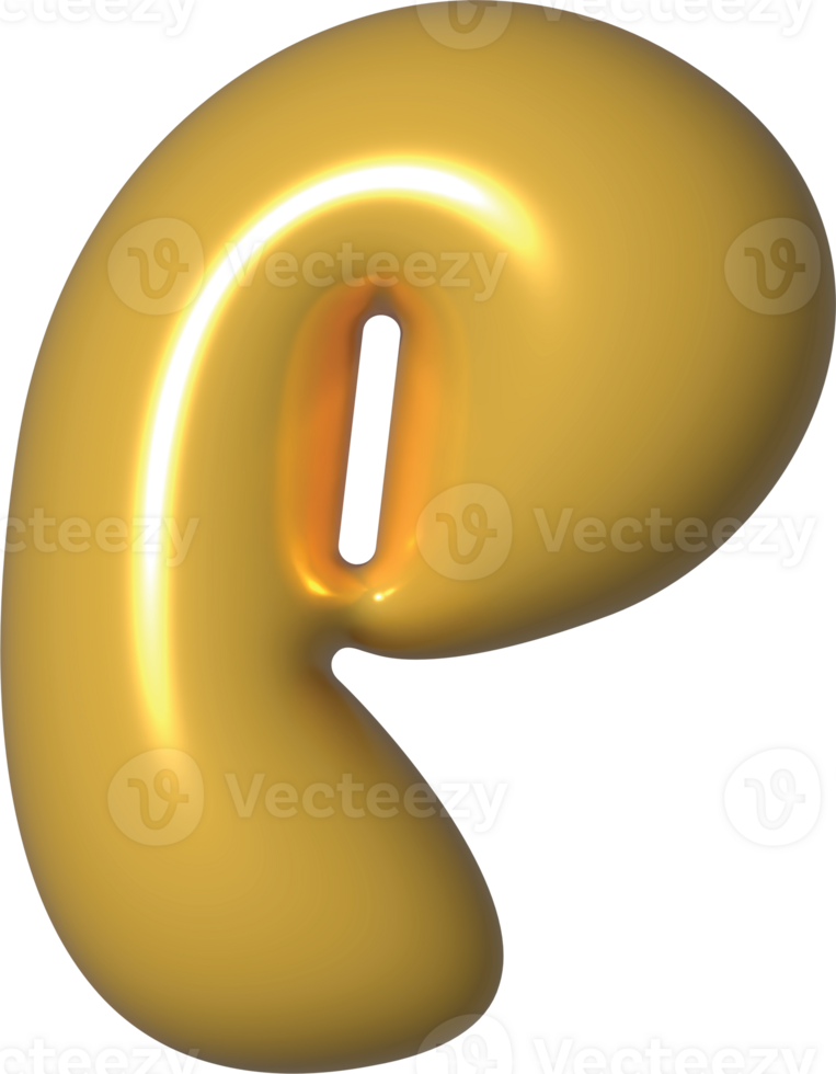 Golden Yellow 3D Metallic Alphabet P Bubble Balloon 3D Render Illustration png