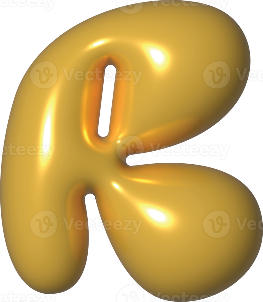 Golden Yellow 3D Metallic Alphabet R Bubble Balloon 3D Render Illustration png