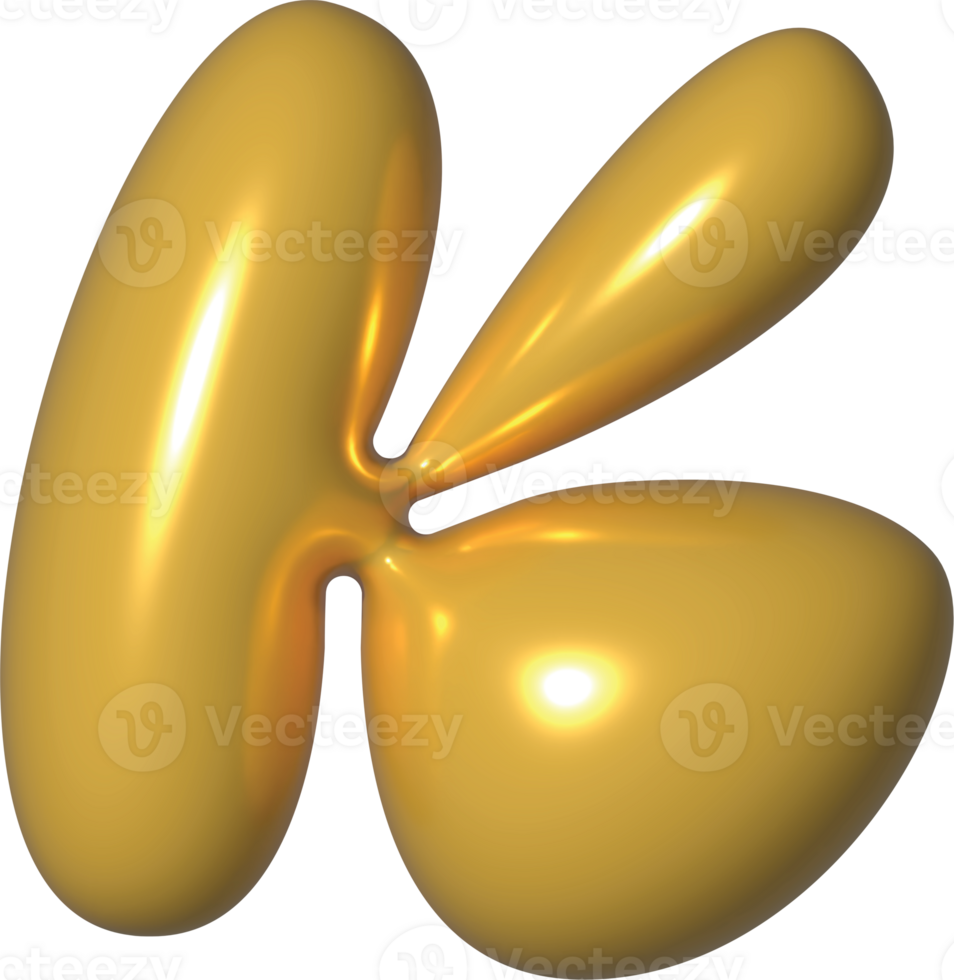 Golden Yellow 3D Metallic Alphabet K Bubble Balloon 3D Render Illustration png