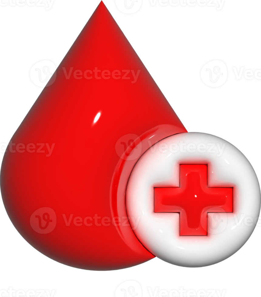 Red Blood Drop Droplet Donor 3D Render Icon Symbol with Red Cross Sign. Blood Donation for Patients Life Saving. Decoration for Medical and Healthcare, World Blood Donor Day png