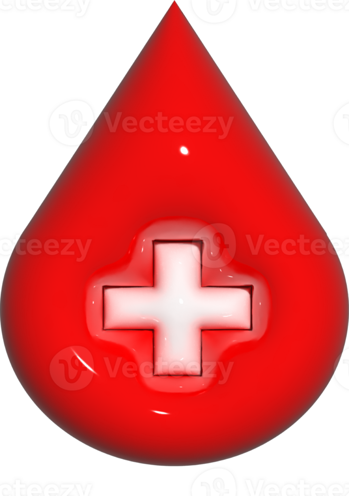 Red Blood Drop Droplet Donor 3D Render Icon Symbol with White Cross Sign. Blood Donation for Patients Life Saving. Decoration for Medical and Healthcare, World Blood Donor Day png