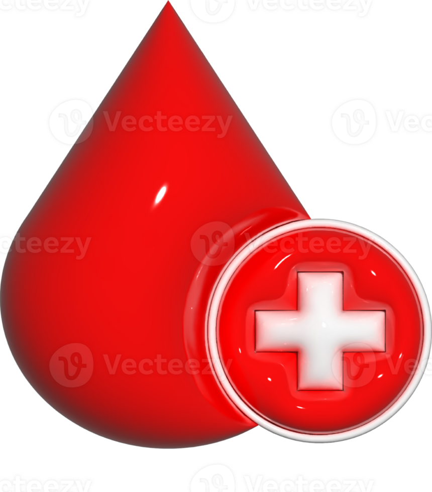 Red Blood Drop Droplet Donor 3D Render Icon Symbol with White Cross Sign. Blood Donation for Patients Life Saving. Decoration for Medical and Healthcare, World Blood Donor Day png