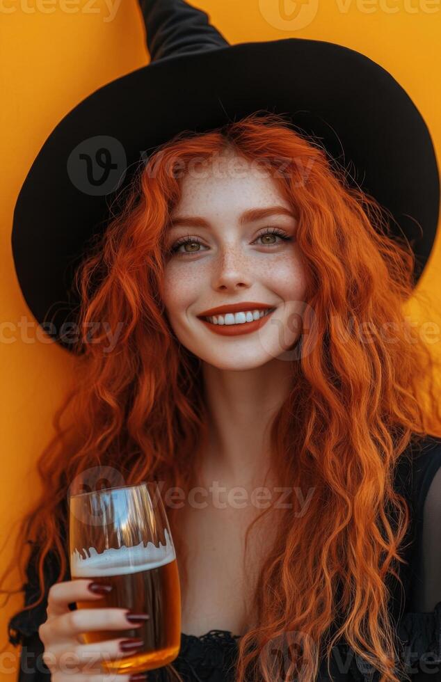 A red haired witch in black attire, smiling and holding a beer glass cheerfully photo