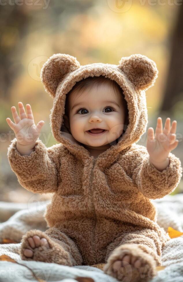 A joyful baby girl in a brown bear outfit sits on a blanket, waving happily outside photo