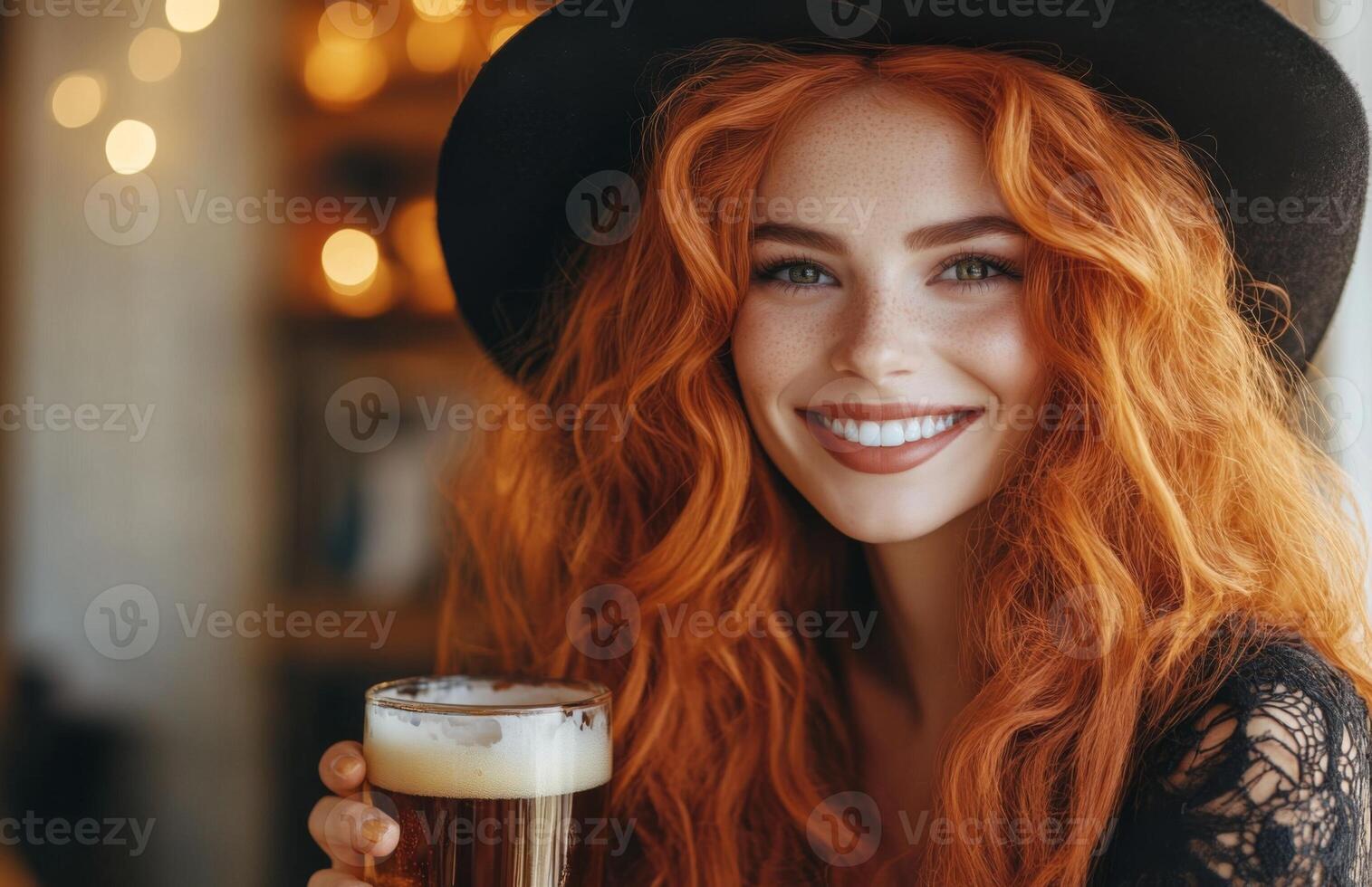 A red haired witch in black attire, smiling and holding a beer glass cheerfully photo