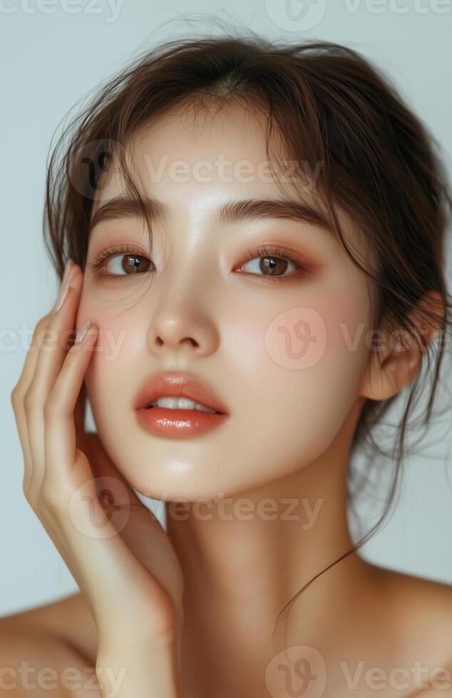Asian woman with smooth skin gently touching her face against a white background, beauty theme photo