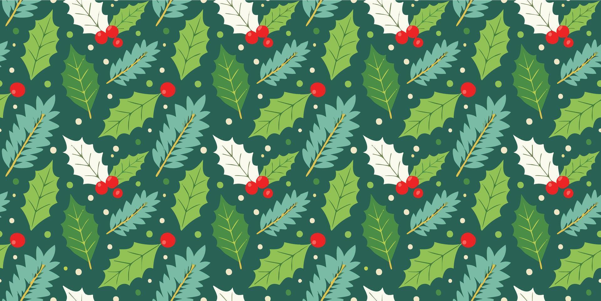 Seamless pattern with christmas leaves and cherry. Perfect wreath for merry xmas and new year wallpaper, wrapping paper, web sites, background, social media, blog, presentation and greeting cards. vector