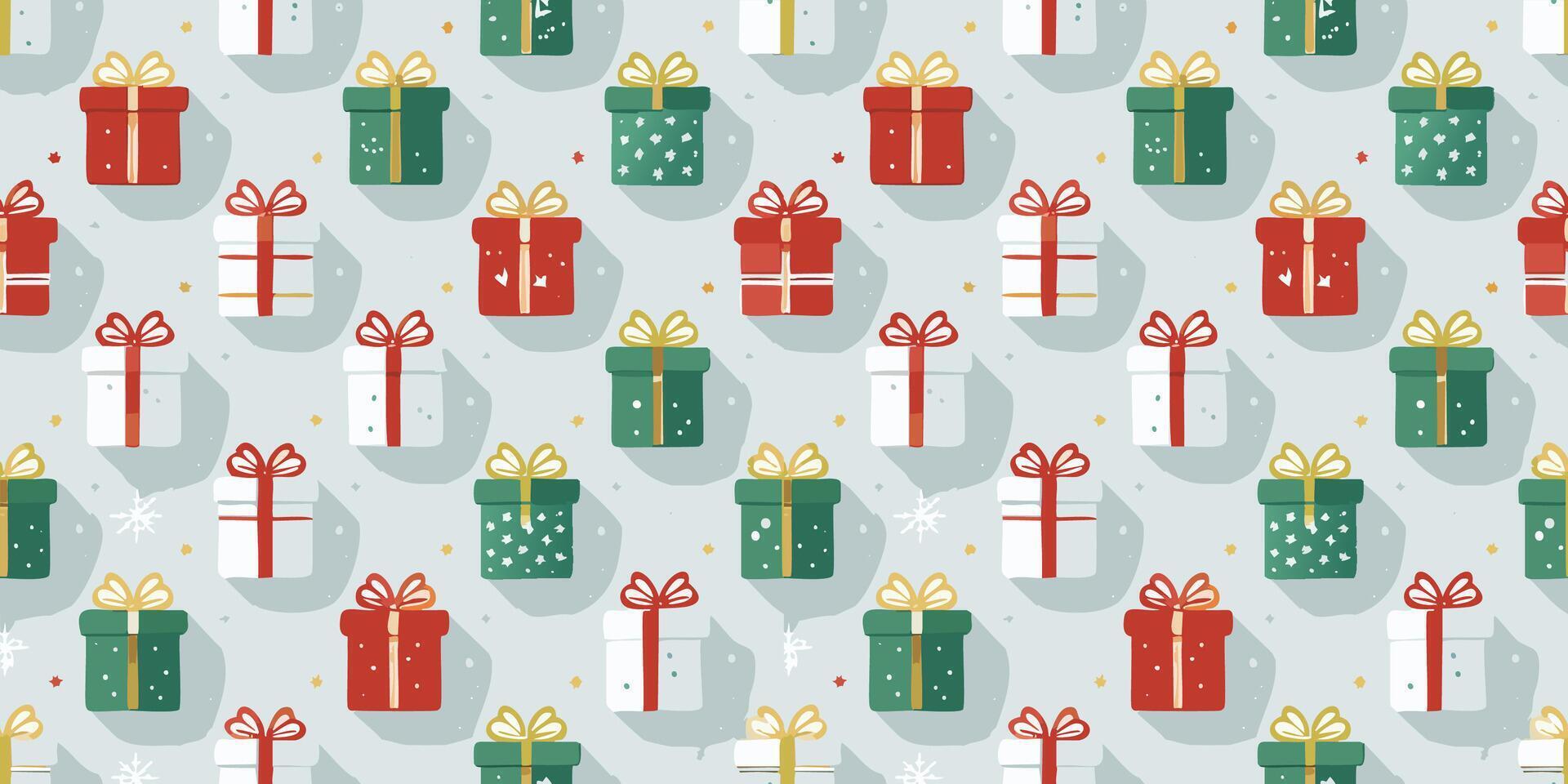 Seamless pattern Merry Christmas Background with Gift Box and Leaves Hand drawn design in cartoon style for print, illustration, wallpaper vector