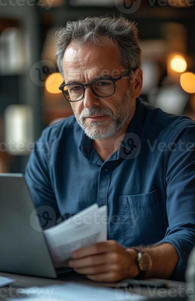 Middle aged man sitting at his desk, reading documents while using a laptop, looking focused photo