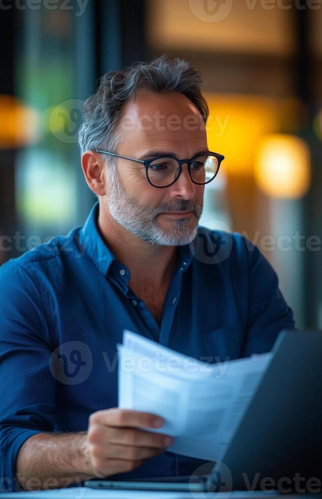 Middle aged man sitting at his desk, reading documents while using a laptop, looking focused photo