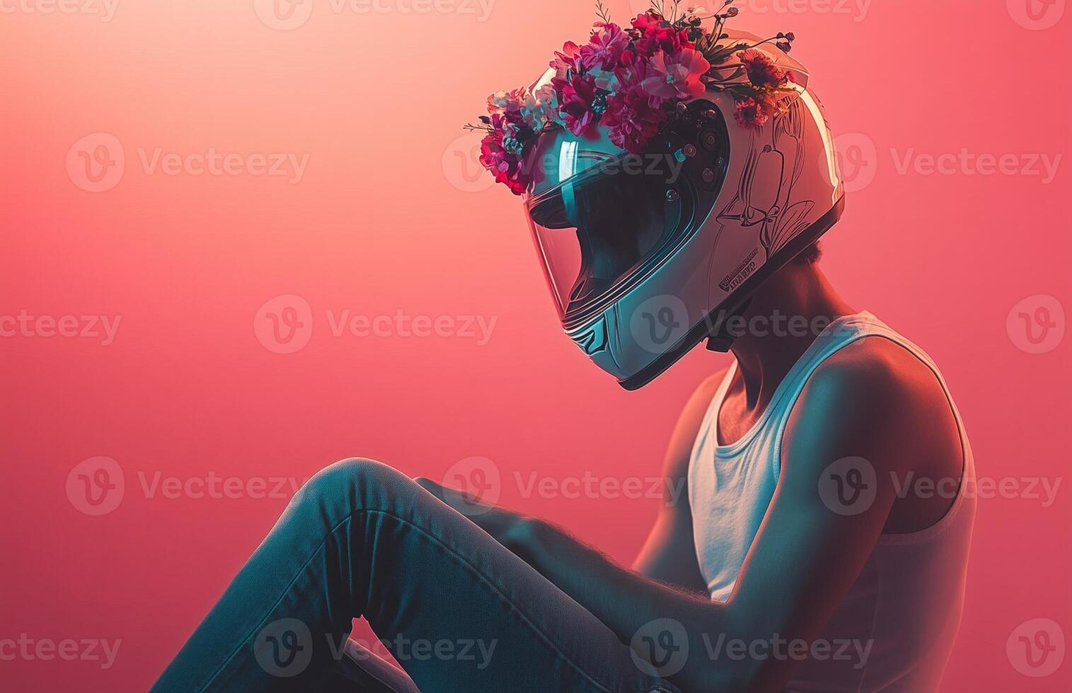 A man in jeans and white tank top, helmet visor overflowing with blooming flowers photo