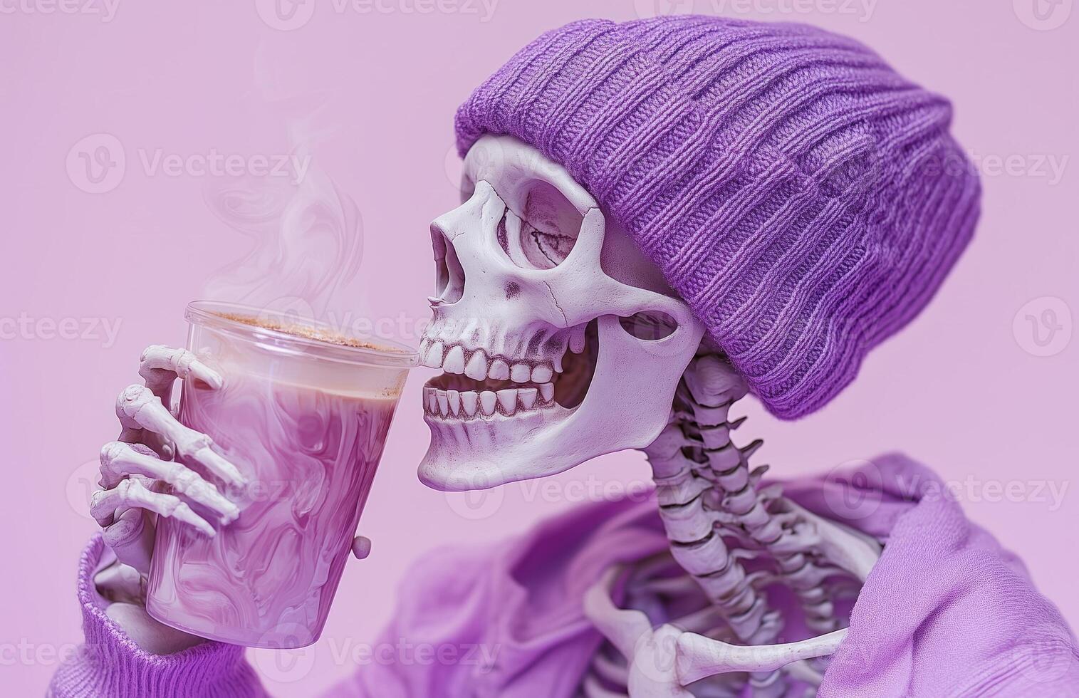 A skeleton wearing a purple beanie sips coffee photo