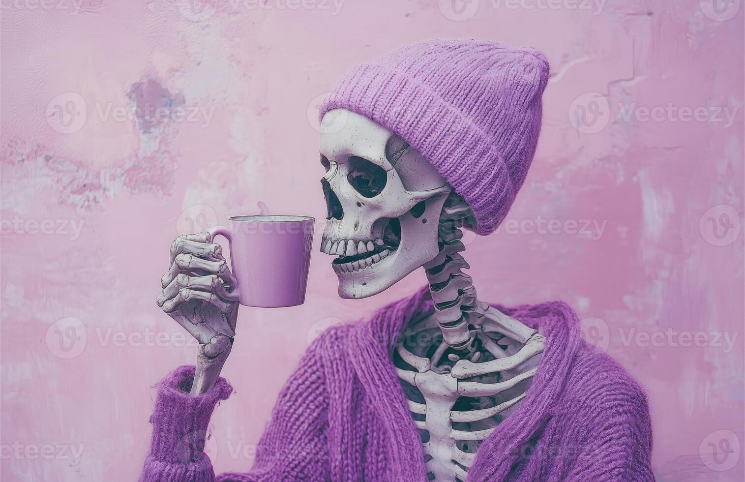 A skeleton wearing a purple beanie sips coffee photo