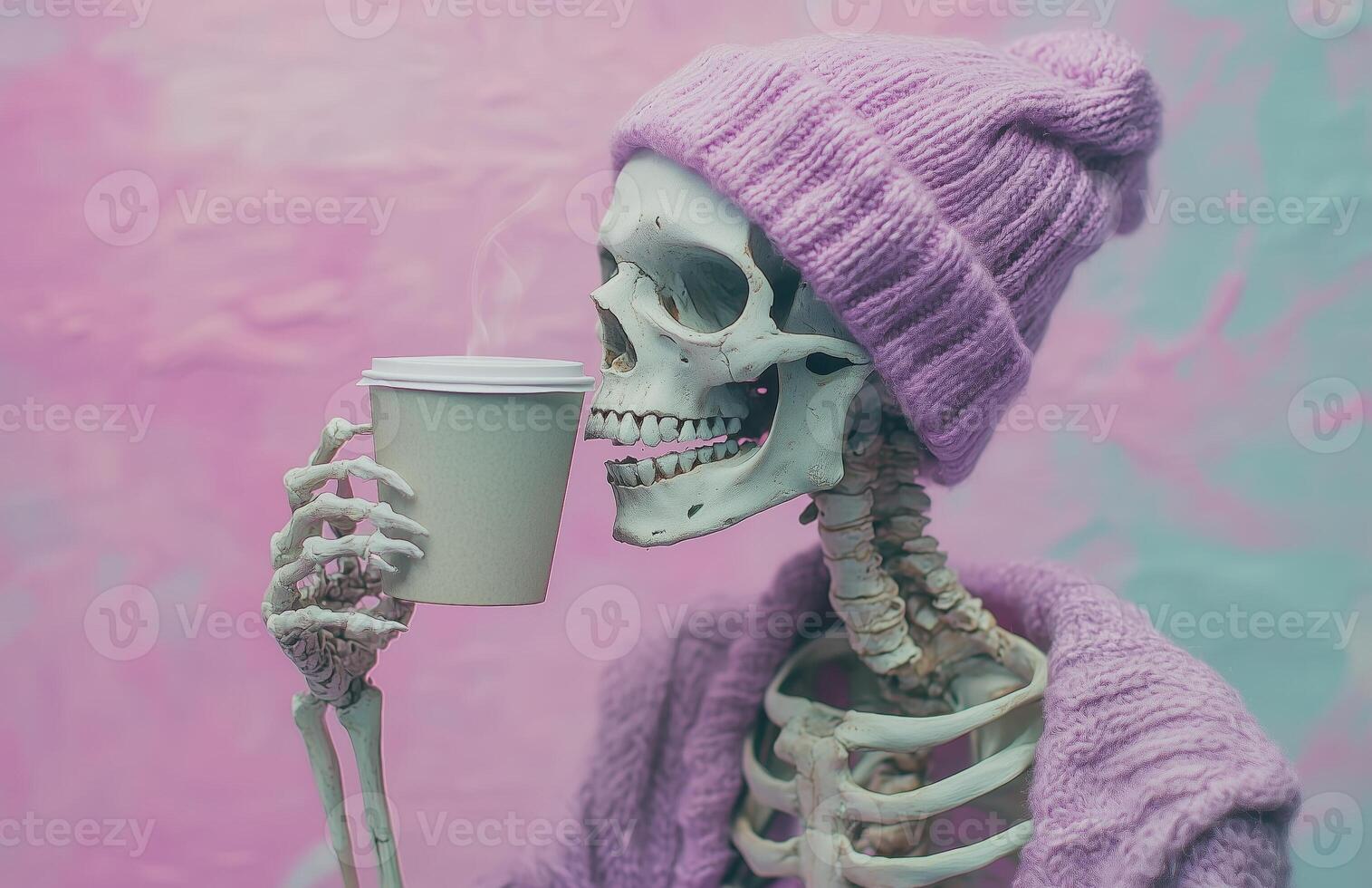 A skeleton wearing a purple beanie sips coffee photo
