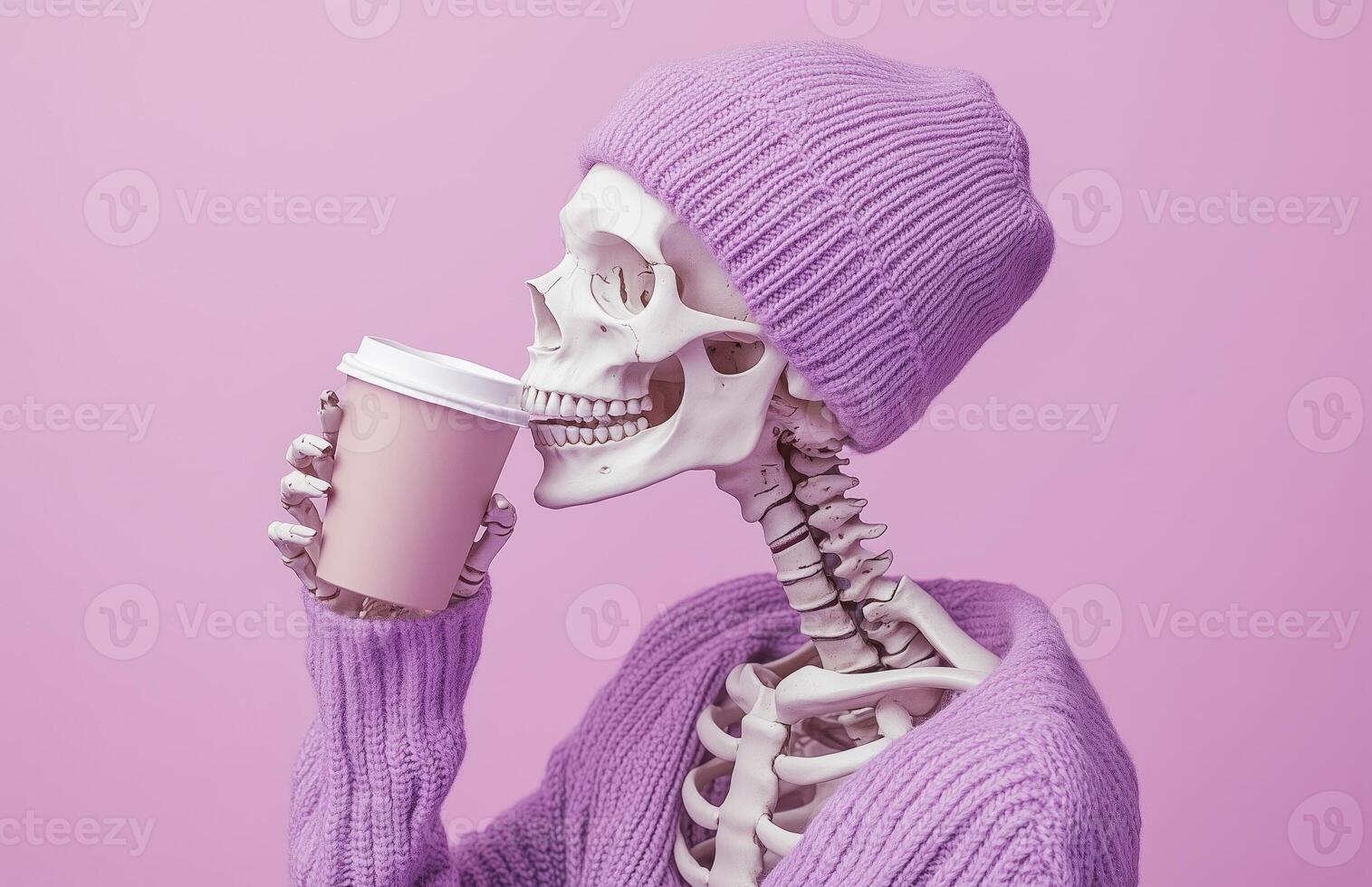 A skeleton wearing a purple beanie sips coffee photo