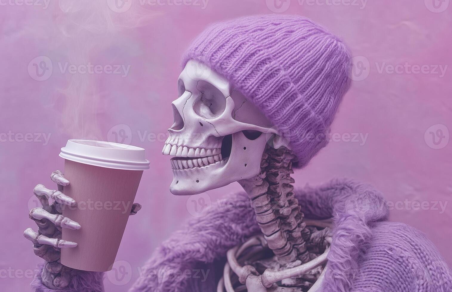 A skeleton wearing a purple beanie sips coffee photo