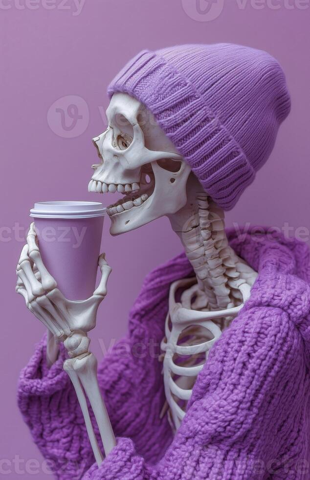 A skeleton wearing a purple beanie sips coffee photo