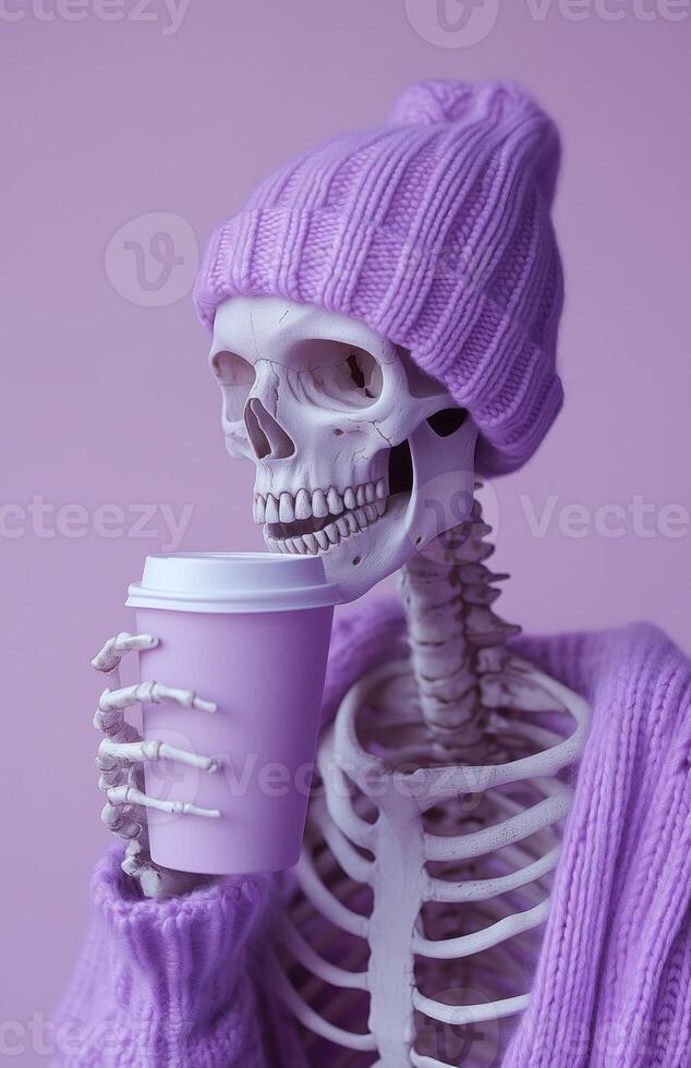 A skeleton wearing a purple beanie sips coffee photo