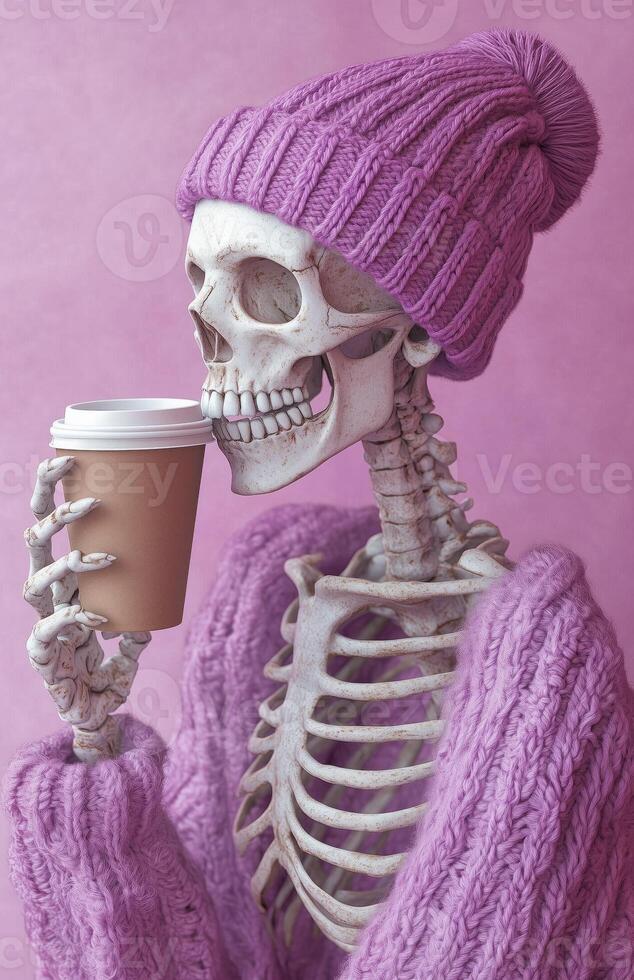 A skeleton wearing a purple beanie sips coffee photo