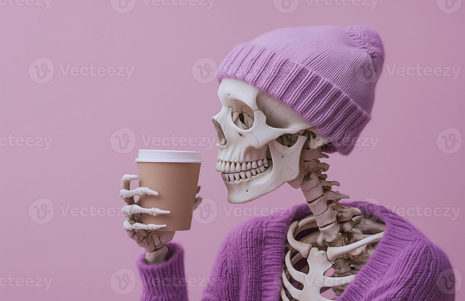 A skeleton wearing a purple beanie sips coffee photo