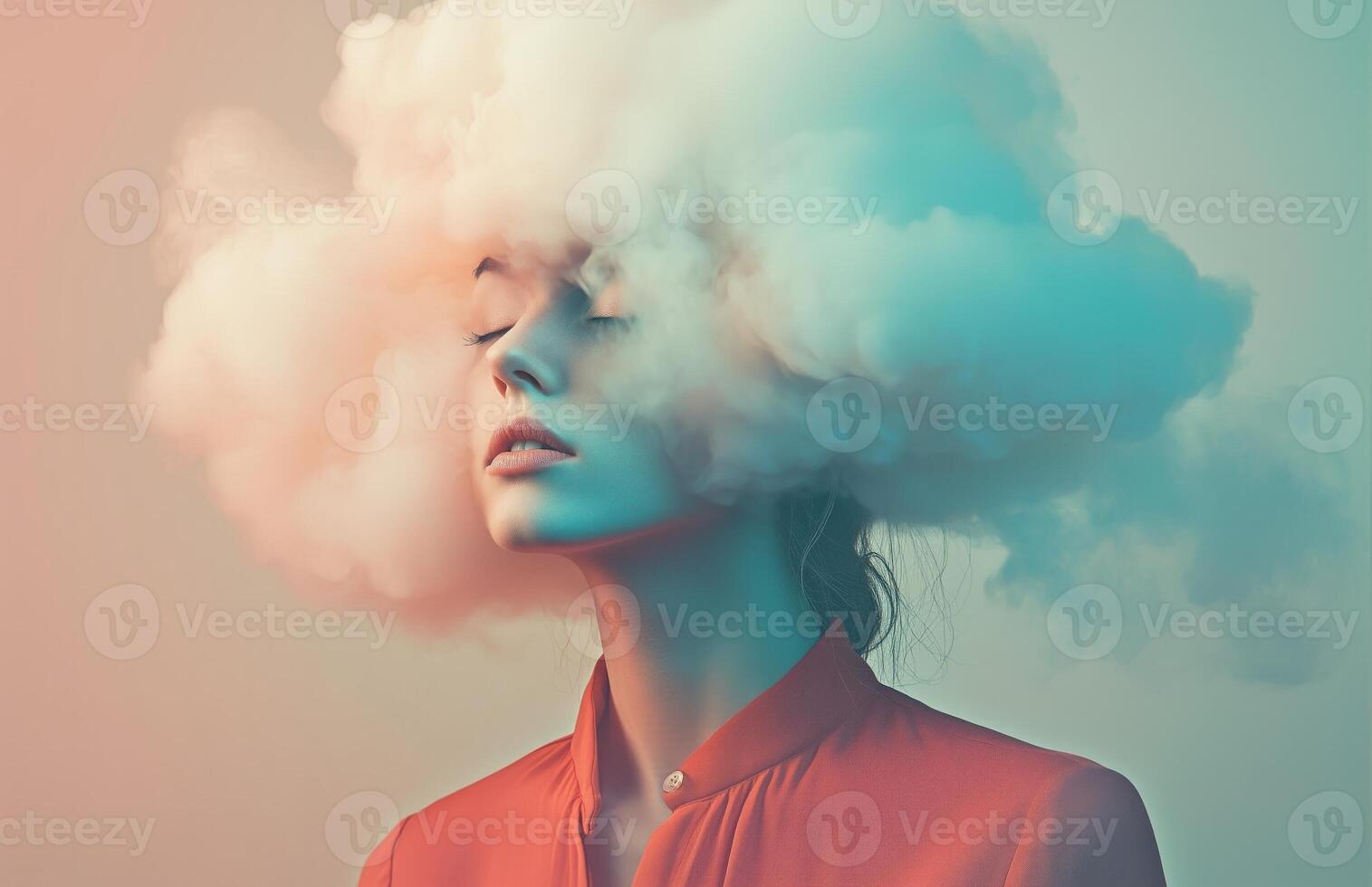 A woman with a cloud like head, wearing a red shirt, stands in a surreal environment photo