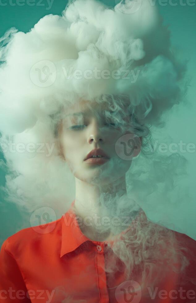 A woman with a cloud like head, wearing a red shirt, stands in a surreal environment photo
