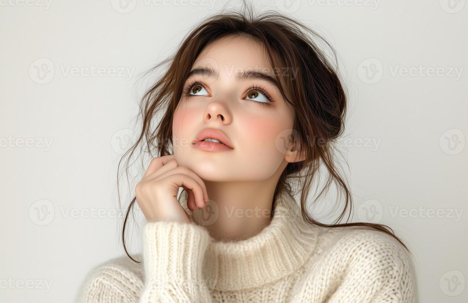 A young woman with brown hair, wearing an off-white sweater, thoughtfully looking up with chin resting on her hand photo