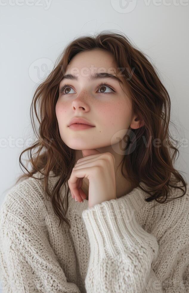 A young woman with brown hair, wearing an off-white sweater, thoughtfully looking up with chin resting on her hand photo