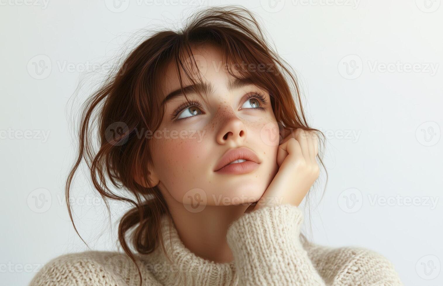 A young woman with brown hair, wearing an off-white sweater, thoughtfully looking up with chin resting on her hand photo