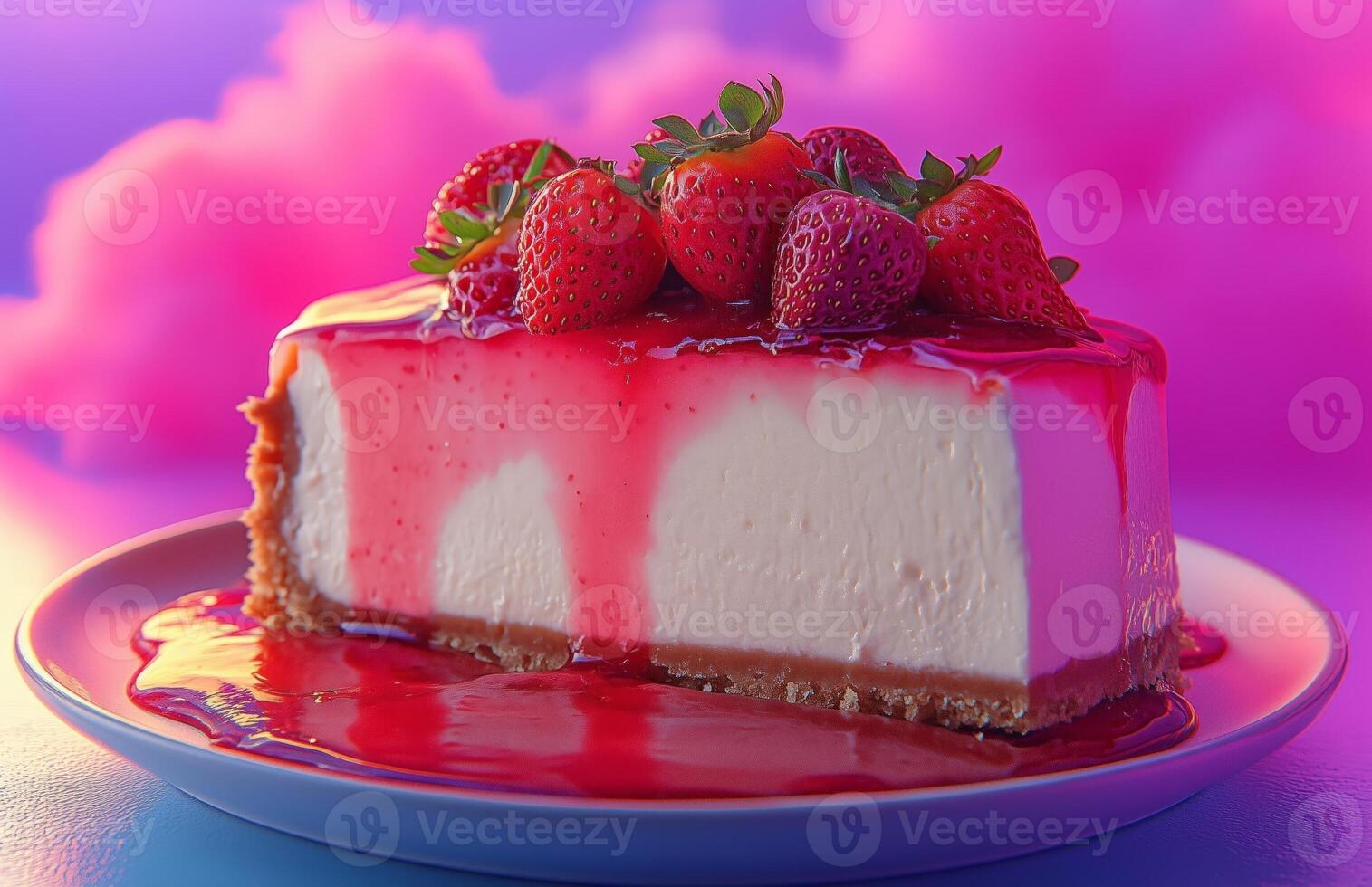 Strawberry cheesecake topped with fresh strawberries and drizzled with sweet strawberry sauce, creamy and rich photo