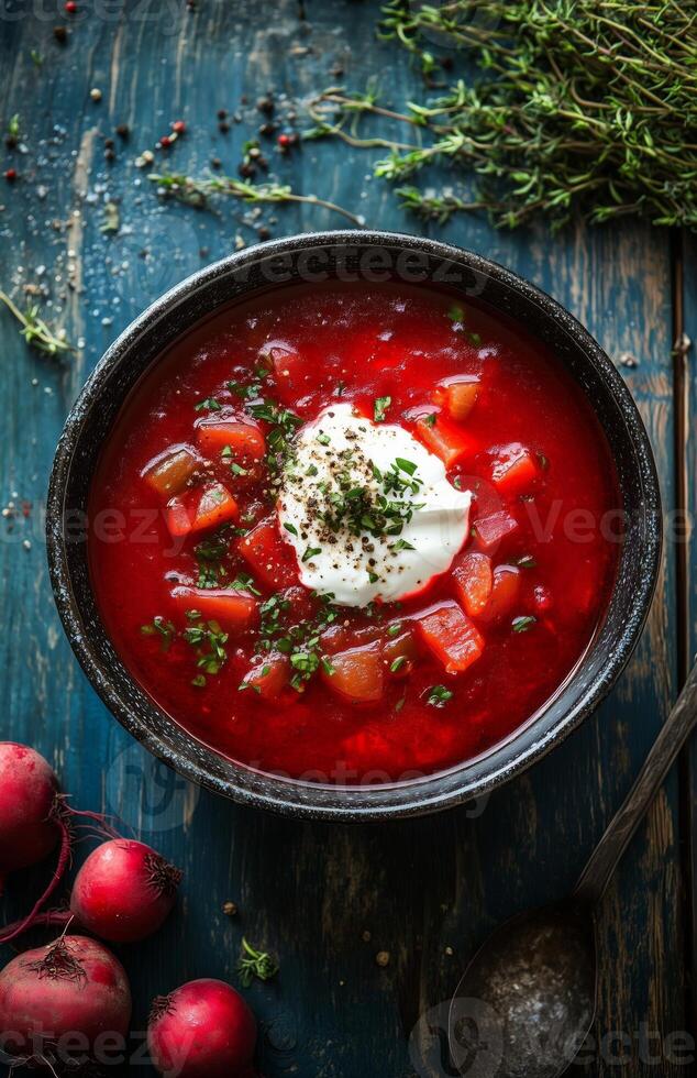 Borscht is a red beet soup with vegetables, served with sour cream in a bowl photo