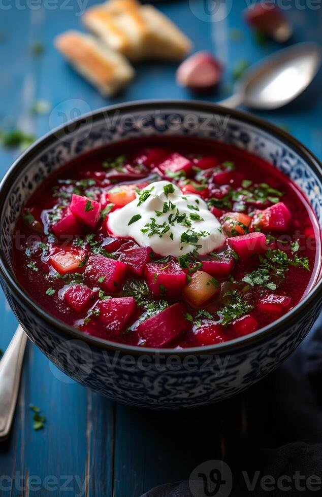 Borscht is a red beet soup with vegetables, served with sour cream in a bowl photo