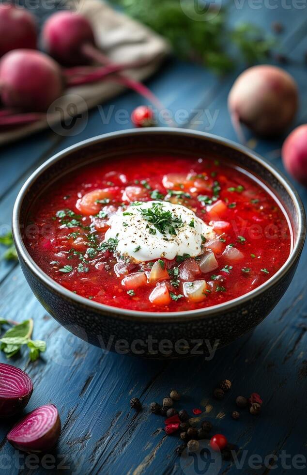 Borscht is a red beet soup with vegetables, served with sour cream in a bowl photo