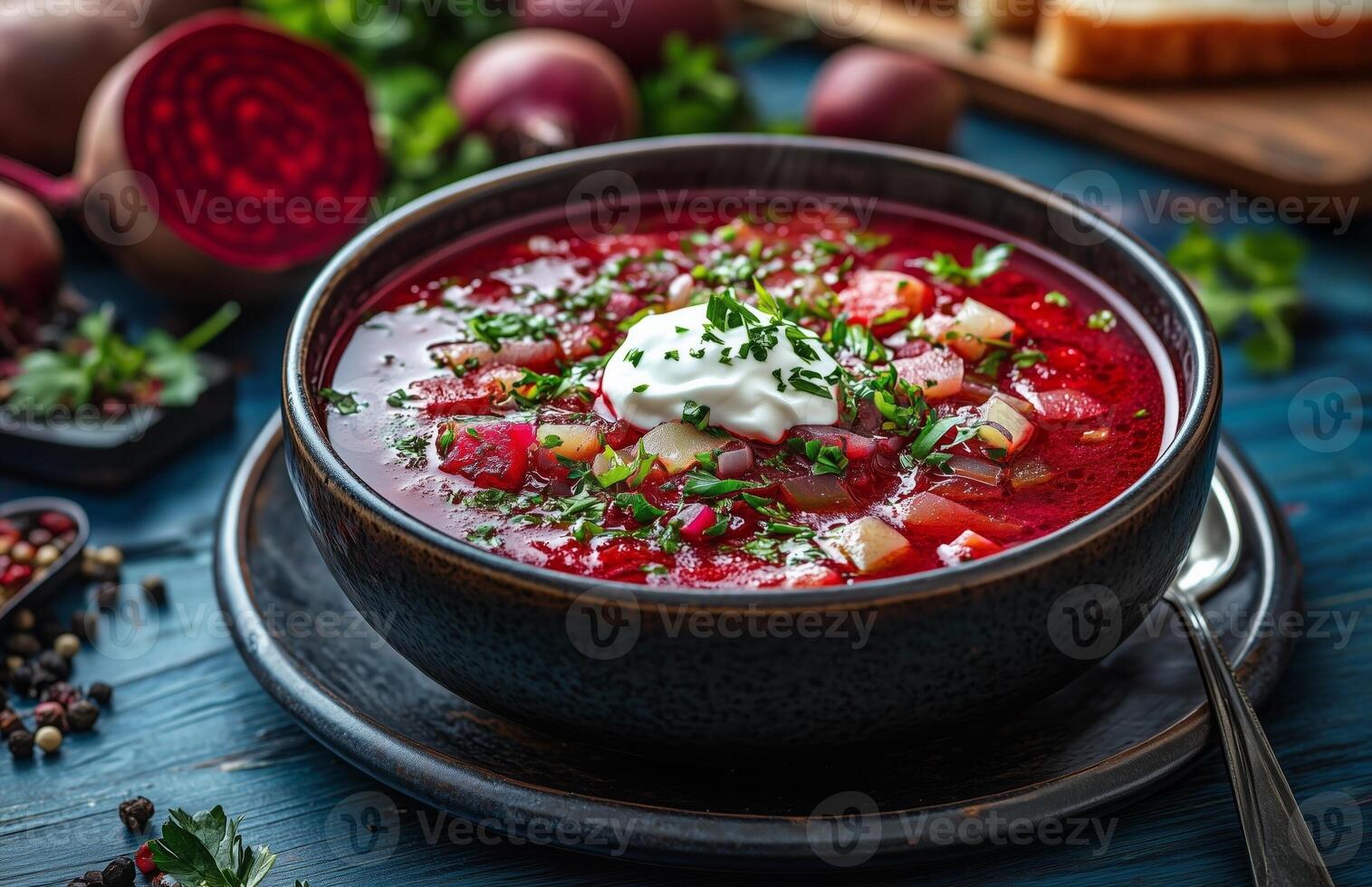 Borscht is a red beet soup with vegetables, served with sour cream in a bowl photo