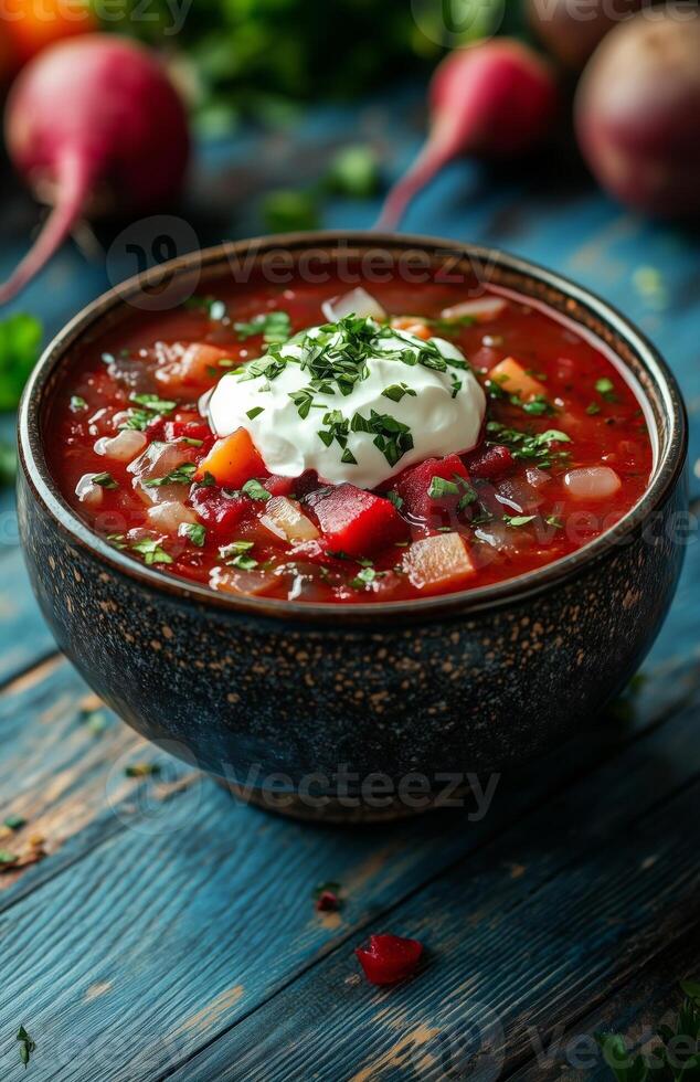 Borscht is a red beet soup with vegetables, served with sour cream in a bowl photo