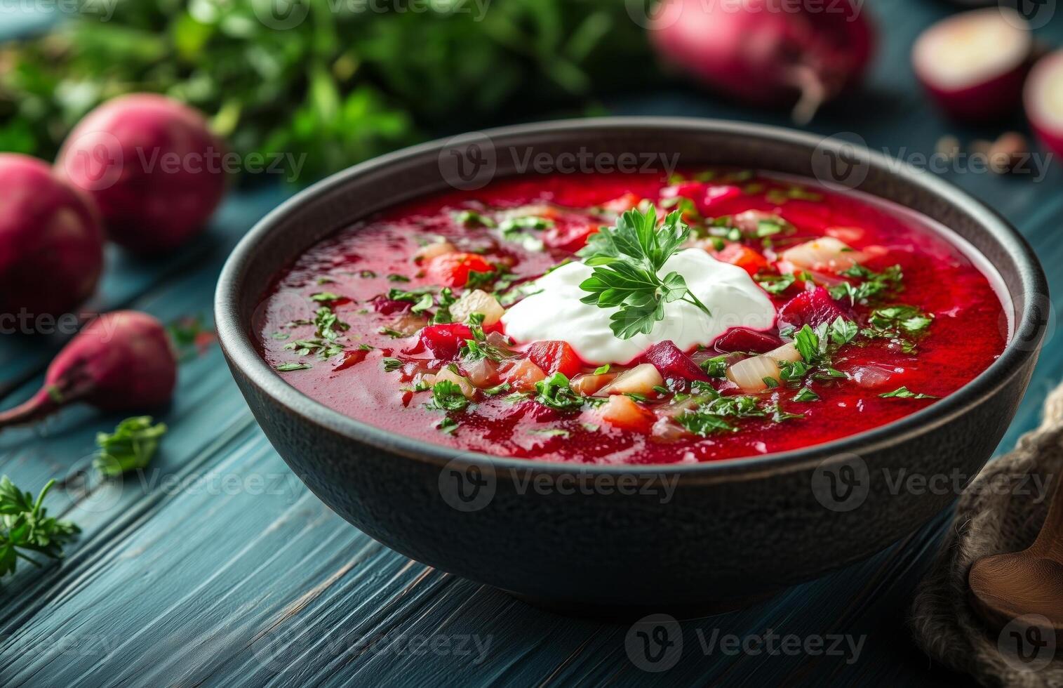 Borscht is a red beet soup with vegetables, served with sour cream in a bowl photo