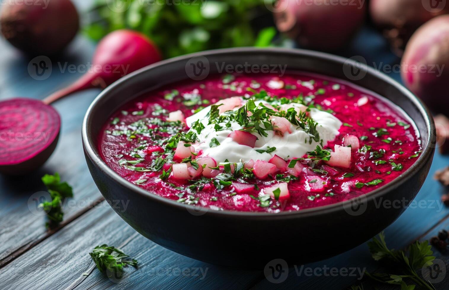 Borscht is a red beet soup with vegetables, served with sour cream in a bowl photo