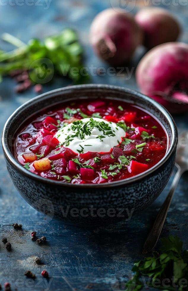 Borscht is a red beet soup with vegetables, served with sour cream in a bowl photo