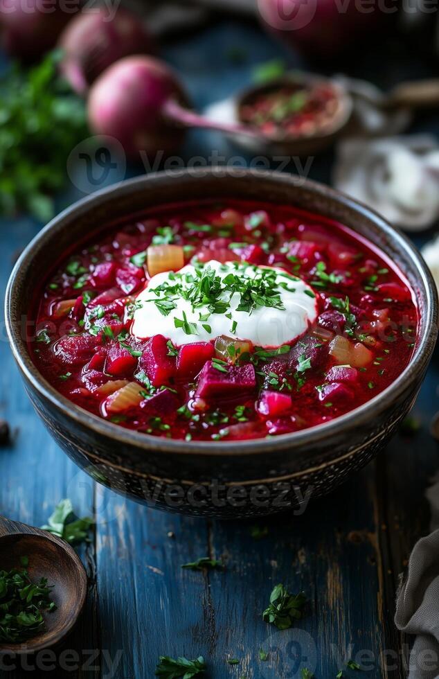 Borscht is a red beet soup with vegetables, served with sour cream in a bowl photo